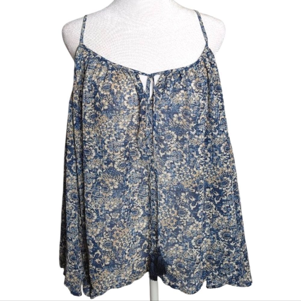 Socialite Cold Shoulder Bell Sleeve Blue Cream Floral Tie Front Top Blouse XL
